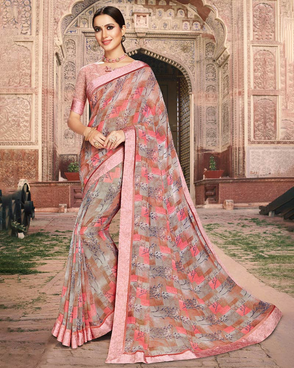 Vishal Prints Pastel Red Printed Georgette Saree With Border