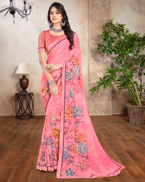 Vishal Prints Pastel Red Printed Georgette Saree With Border