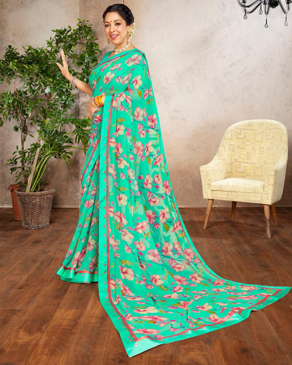 Vishal Prints Aqua Green Printed Georgette Saree With Border