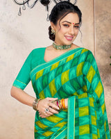 Vishal Prints Aqua Green Printed Chiffon Saree With Border