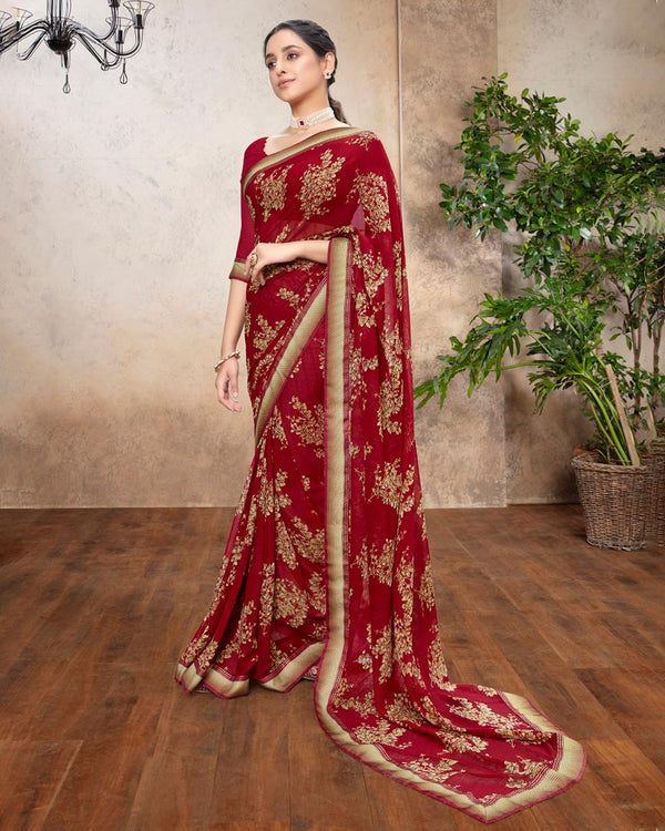 Vishal Prints Cherry Red Printed Georgette Saree With Border