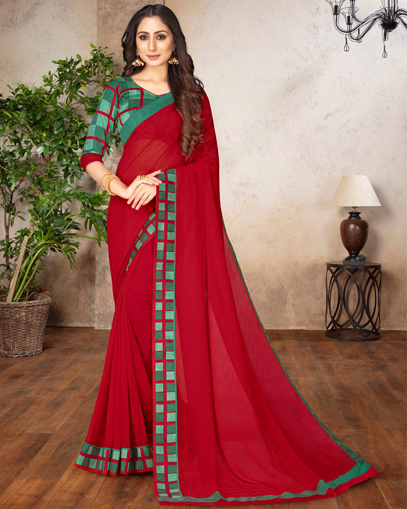 Vishal Prints Cherry Red Printed Georgette Saree With Border