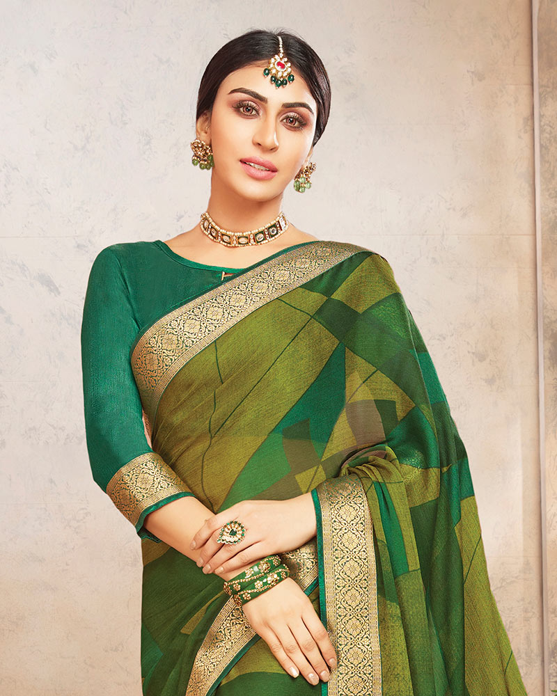 Vishal Prints Olive Green Printed Chiffon Saree With Border