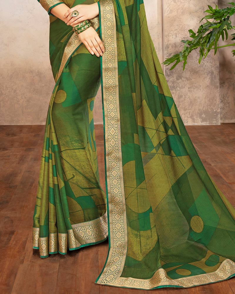 Vishal Prints Olive Green Printed Chiffon Saree With Border