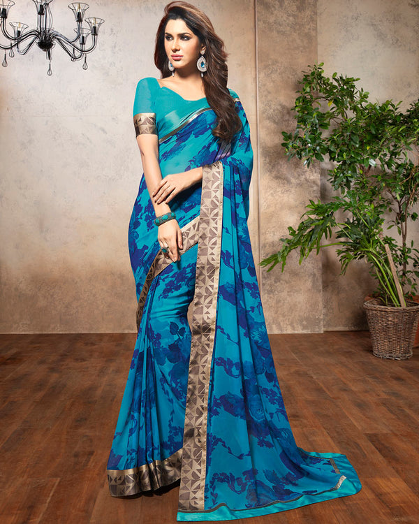 Vishal Prints Dark Turquoise Blue Printed Georgette Saree With Border