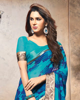 Vishal Prints Dark Turquoise Blue Printed Georgette Saree With Border