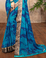 Vishal Prints Dark Turquoise Blue Printed Georgette Saree With Border