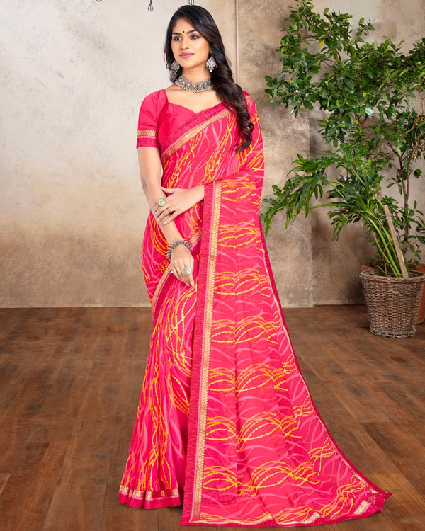 Vishal Prints Red Pink Printed Georgette Saree With Border