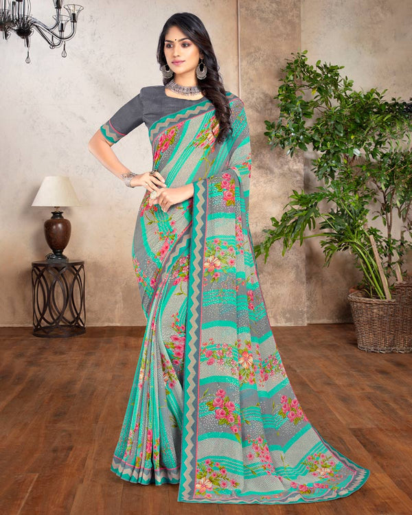 Vishal Prints Turquoise Blue Printed Georgette Saree With Border