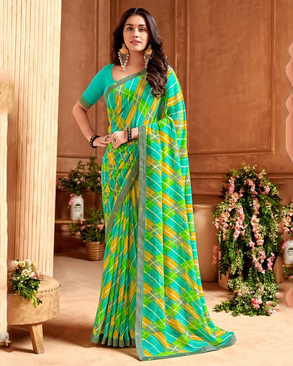 Vishal Prints Aqua Green Printed Georgette Saree With Fancy Border