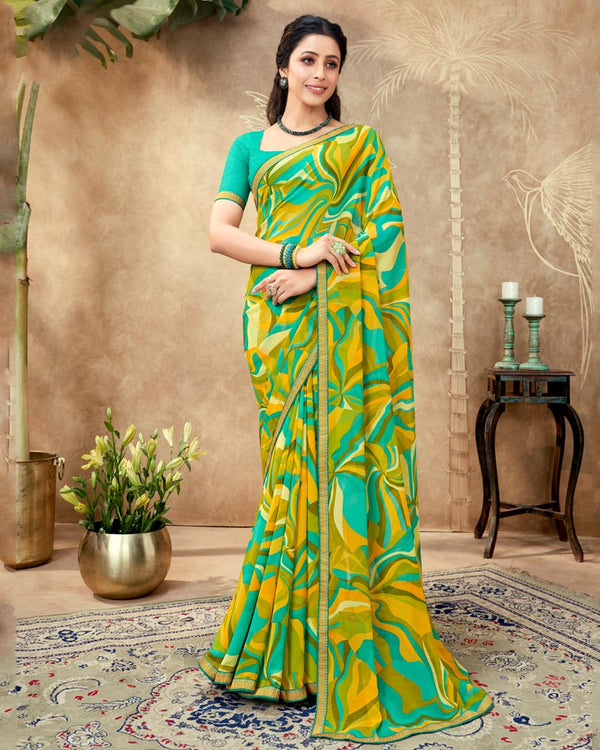 Vishal Prints Olive Green Printed Georgette Saree With Fancy Border