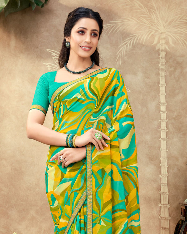 Vishal Prints Olive Green Printed Georgette Saree With Fancy Border