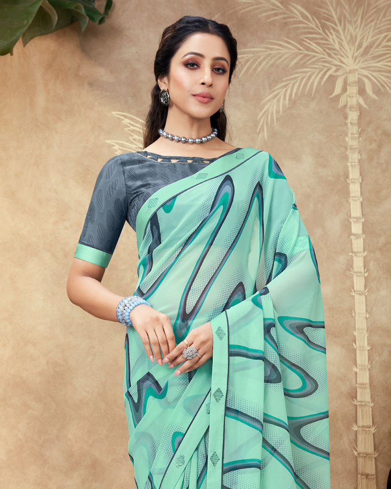 Vishal Prints Sea Green Printed Georgette Saree With Fancy Border