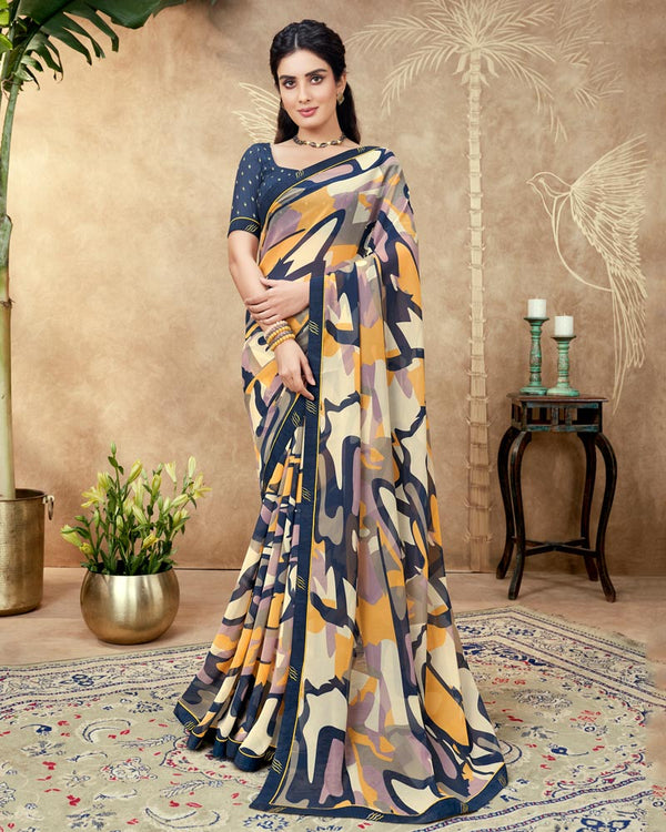 Vishal Prints Ink Blue Printed Georgette Saree With Fancy Border