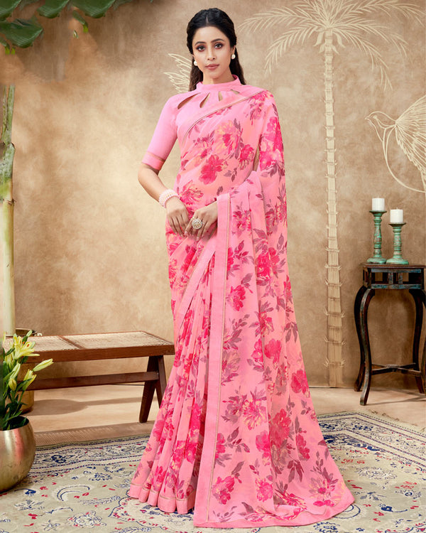 Vishal Prints Rose Pink Printed Georgette Saree With Fancy Border