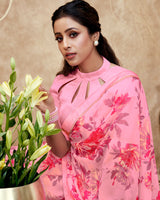 Vishal Prints Rose Pink Printed Georgette Saree With Fancy Border