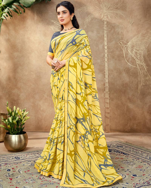 Vishal Prints Marigold Yellow Printed Georgette Saree With Fancy Border