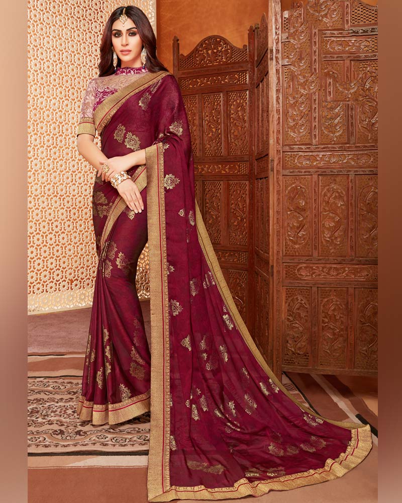 Vishal Prints Vibrant Maroon Chiffon Saree With Foil Print And Zari Border