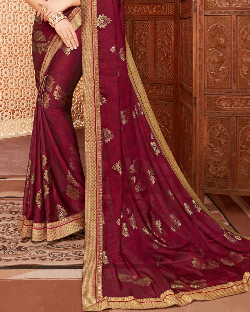 Vishal Prints Vibrant Maroon Chiffon Saree With Foil Print And Zari Border