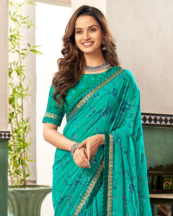 Vishal Prints Teal Green Printed Georgette Saree With Foil Print And Fancy Border