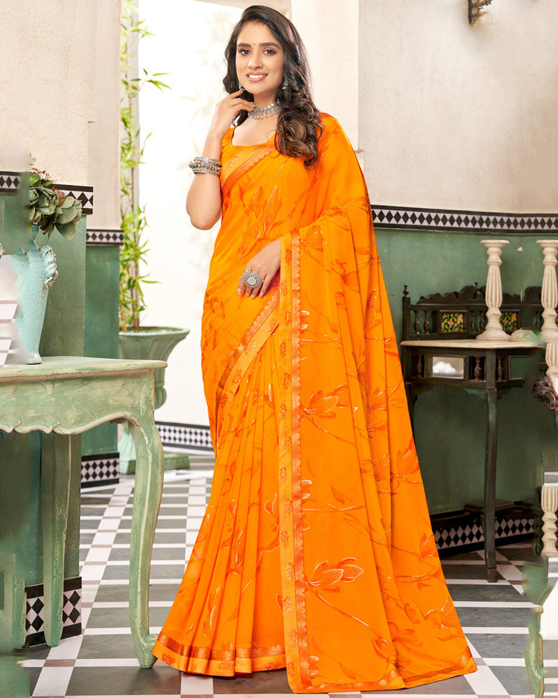 Vishal Prints Orange Printed Georgette Saree With Foil Print And Fancy Border