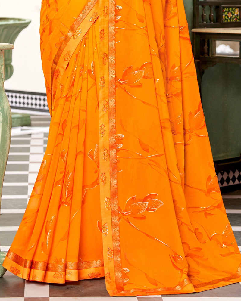 Vishal Prints Orange Printed Georgette Saree With Foil Print And Fancy Border