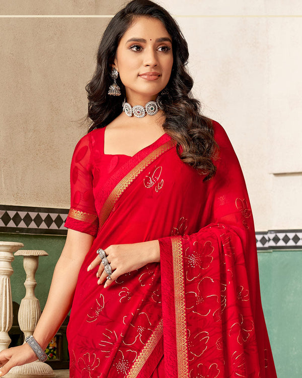 Vishal Prints Cherry Red Printed Georgette Saree With Foil Print And Fancy Border