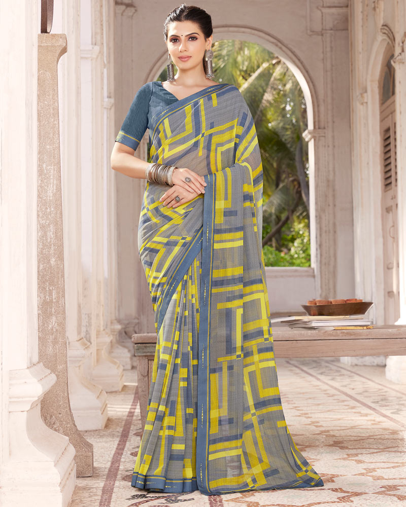 Vishal Prints Granite Grey And Olive Yellow Digital Print Georgette Saree With Border