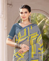 Vishal Prints Granite Grey And Olive Yellow Digital Print Georgette Saree With Border