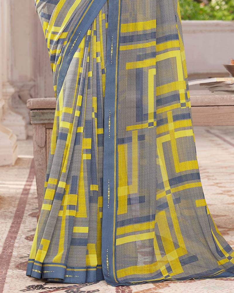 Vishal Prints Granite Grey And Olive Yellow Digital Print Georgette Saree With Border