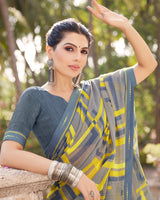 Vishal Prints Granite Grey And Olive Yellow Digital Print Georgette Saree With Border