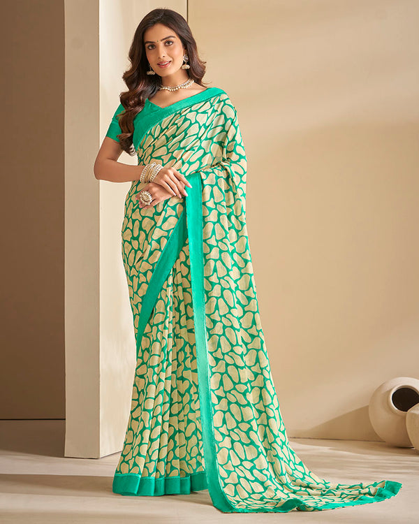 Vishal Prints Rama Green And Cream Georgette Saree With Border