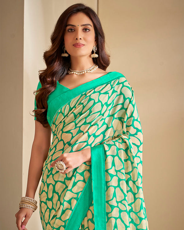 Vishal Prints Rama Green And Cream Georgette Saree With Border