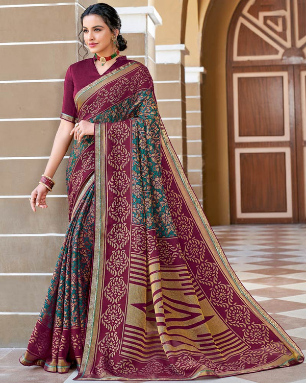 Vishal Prints Wine Berry Printed Brasso Saree With Border