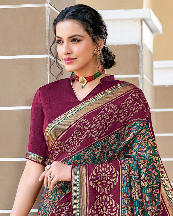 Vishal Prints Wine Berry Printed Brasso Saree With Border