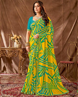 Vishal Prints Golden Yellow Printed Georgette Saree With Foil Print And Fancy Border