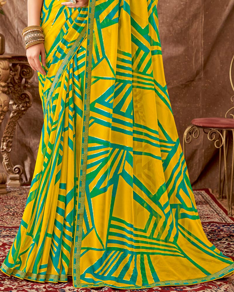 Vishal Prints Golden Yellow Printed Georgette Saree With Foil Print And Fancy Border