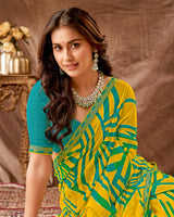 Vishal Prints Golden Yellow Printed Georgette Saree With Foil Print And Fancy Border