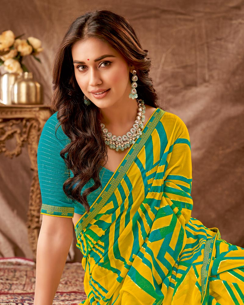 Vishal Prints Golden Yellow Printed Georgette Saree With Foil Print And Fancy Border