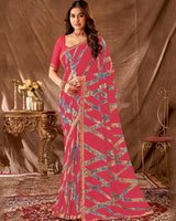 Vishal Prints Red Pink Printed Georgette Saree With Foil Print And Fancy Border