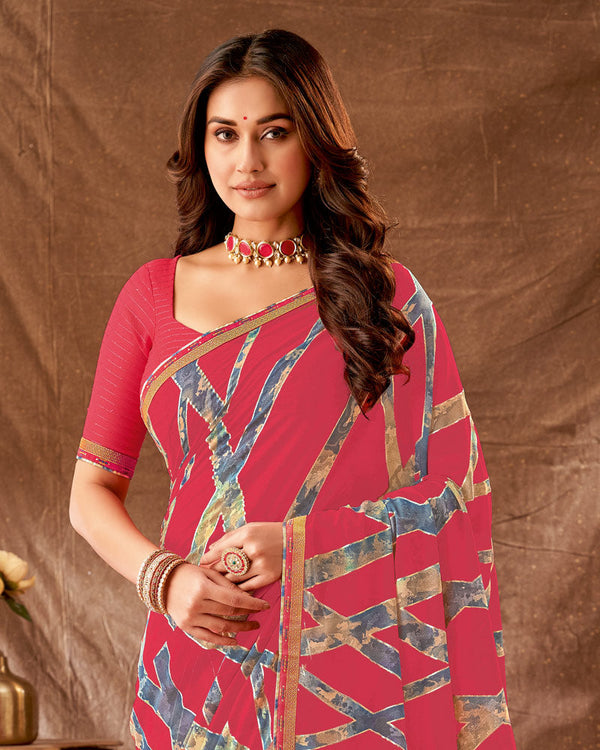 Vishal Prints Red Pink Printed Georgette Saree With Foil Print And Fancy Border