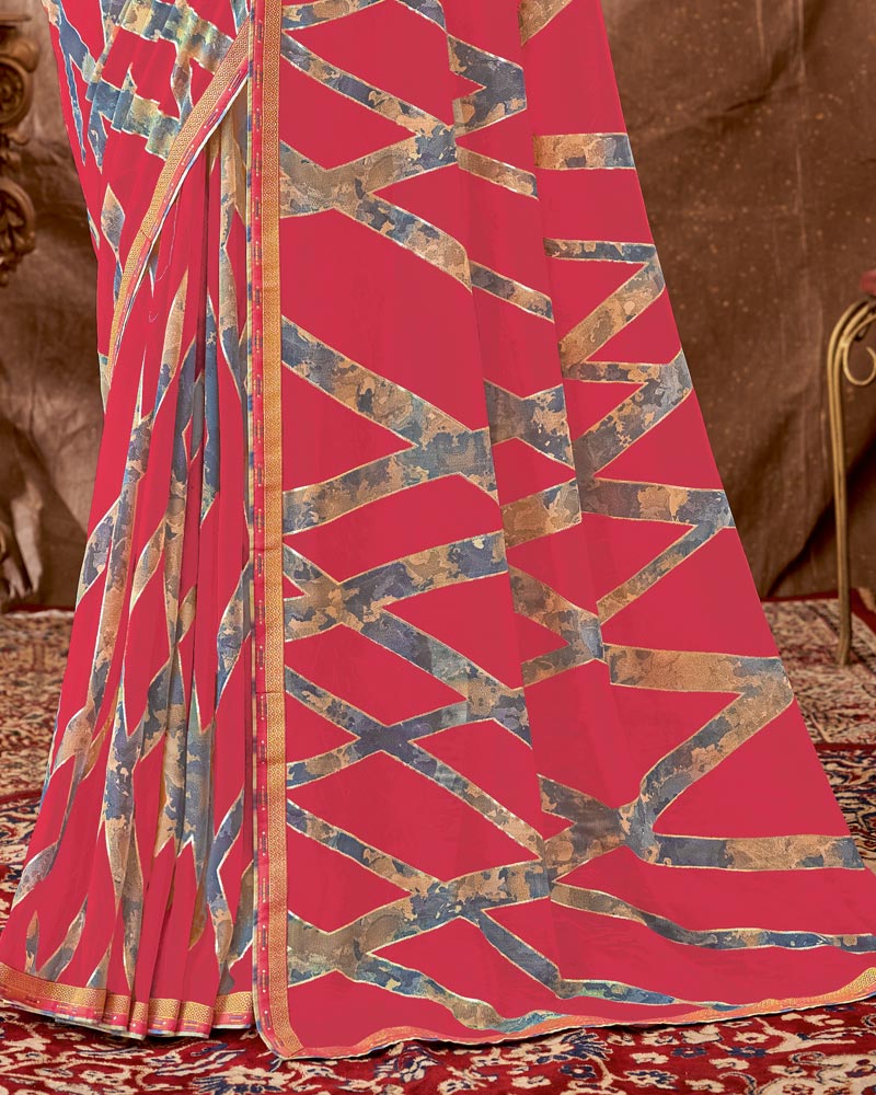 Vishal Prints Red Pink Printed Georgette Saree With Foil Print And Fancy Border