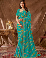 Vishal Prints Dark Turquoise Blue Printed Georgette Saree With Foil Print And Fancy Border