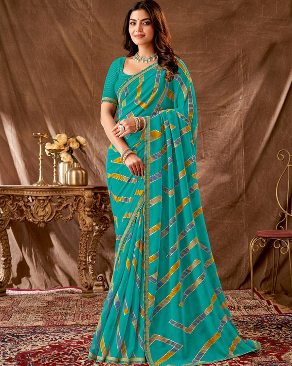 Vishal Prints Dark Turquoise Blue Printed Georgette Saree With Foil Print And Fancy Border