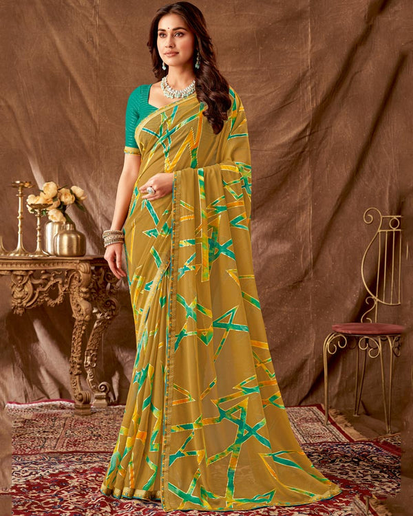 Vishal Prints Sand Brown Printed Georgette Saree With Foil Print And Fancy Border