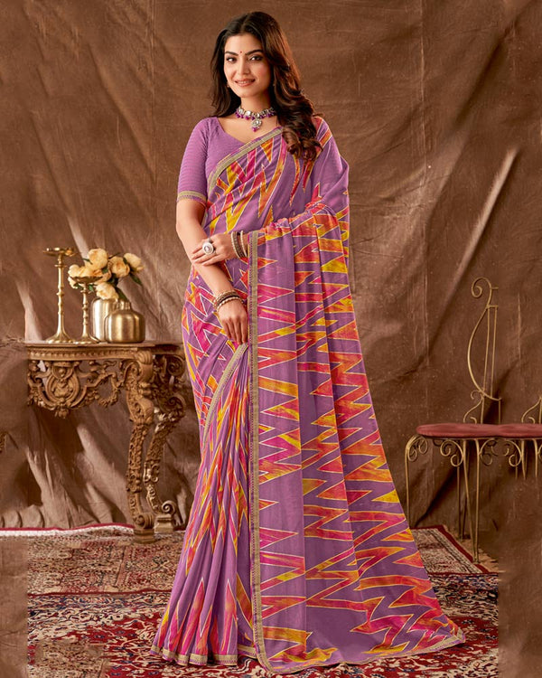 Vishal Prints Pastel Magenta Printed Georgette Saree With Foil Print And Fancy Border