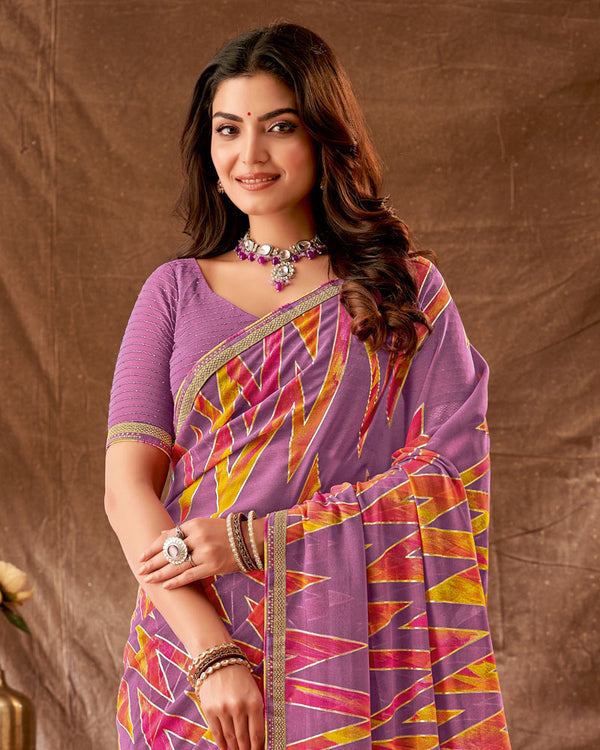 Vishal Prints Pastel Magenta Printed Georgette Saree With Foil Print And Fancy Border