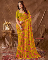 Vishal Prints Dark Mustard Printed Georgette Saree With Foil Print And Fancy Border