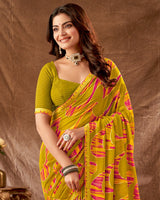 Vishal Prints Dark Mustard Printed Georgette Saree With Foil Print And Fancy Border