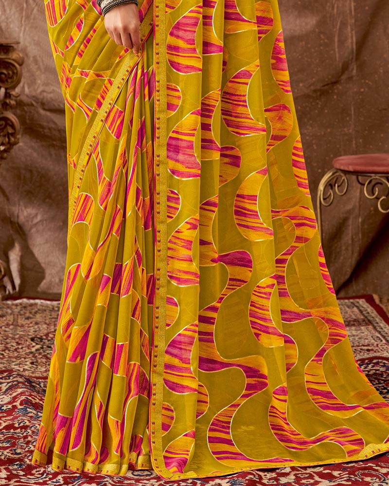 Vishal Prints Dark Mustard Printed Georgette Saree With Foil Print And Fancy Border